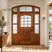 Porte néerlandaise artisanale en bois d'aulne massif et noueux avec transom arqué en verre dépoli et double vitrage latéral, charnières robustes