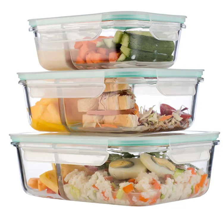 2 Compartment Glass Crisper with Cover Lunch Box Microwave Glass Bowl for Kitchen Picnic or Office