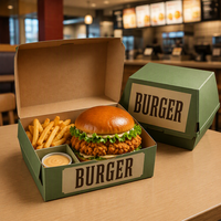 Emballages personnalisés pour hamburgers et frites, écologiques, biodégradables, jetables, avec logo, revêtement UV et pelliculage mat.