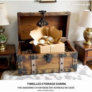 LEATHERVINES 11\" Vintage <b>Wooden</b> Treasure Chest with Hinged Lid Handcrafted Keepsake <b>Trunk</b> for Jewelry Trinkets Home Decor - Product Image 4