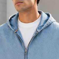 Chaqueta de mezclilla OEM personalizada de tela cruda selvedge para hombre, sudadera con capucha pesada de mezclilla japonesa con cremallera, chaqueta de mezclilla corta para hombre