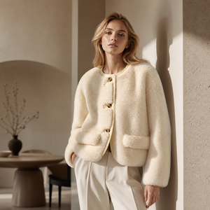 Veste en laine pure à 100 % pour <span class=keywords><strong>femme</strong></span>, col rond, simple boutonnage, passepoil contrastant, <span class=keywords><strong>manteau</strong></span> <span class=keywords><strong>court</strong></span> en laine bouclée - Product Image 1