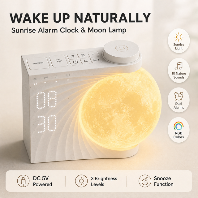 Sunrise Alarm Clock with Moon Lamp Wake up Light 10 Nature Sounds Dual Alarm RGB Colors Touch Control Bedside Alarm Clock