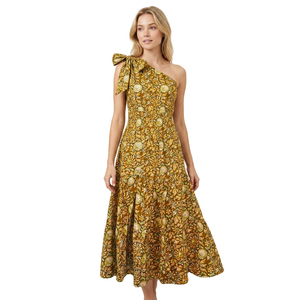 Robe midi asymétrique florale en coton tissé, coupe trapèze, style bohème, respirante, sans manches, avec nœud décoratif, taille haute et poches - Product Image 1