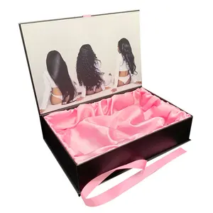 Custom Logo Luxe Hair Extension Box Pruik Verpakking Magnetische Opvouwbare Zijde Satijn Gevoerde Geschenkdozen Met Lint Handvat