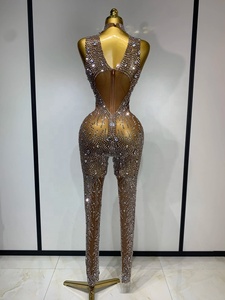 Mono de mujer de malla transparente con pedrería, sexy y lujoso, para actuaciones de baile, celebraciones, discotecas, fiestas de cumpleaños y trajes de escenario. - Product Image 4