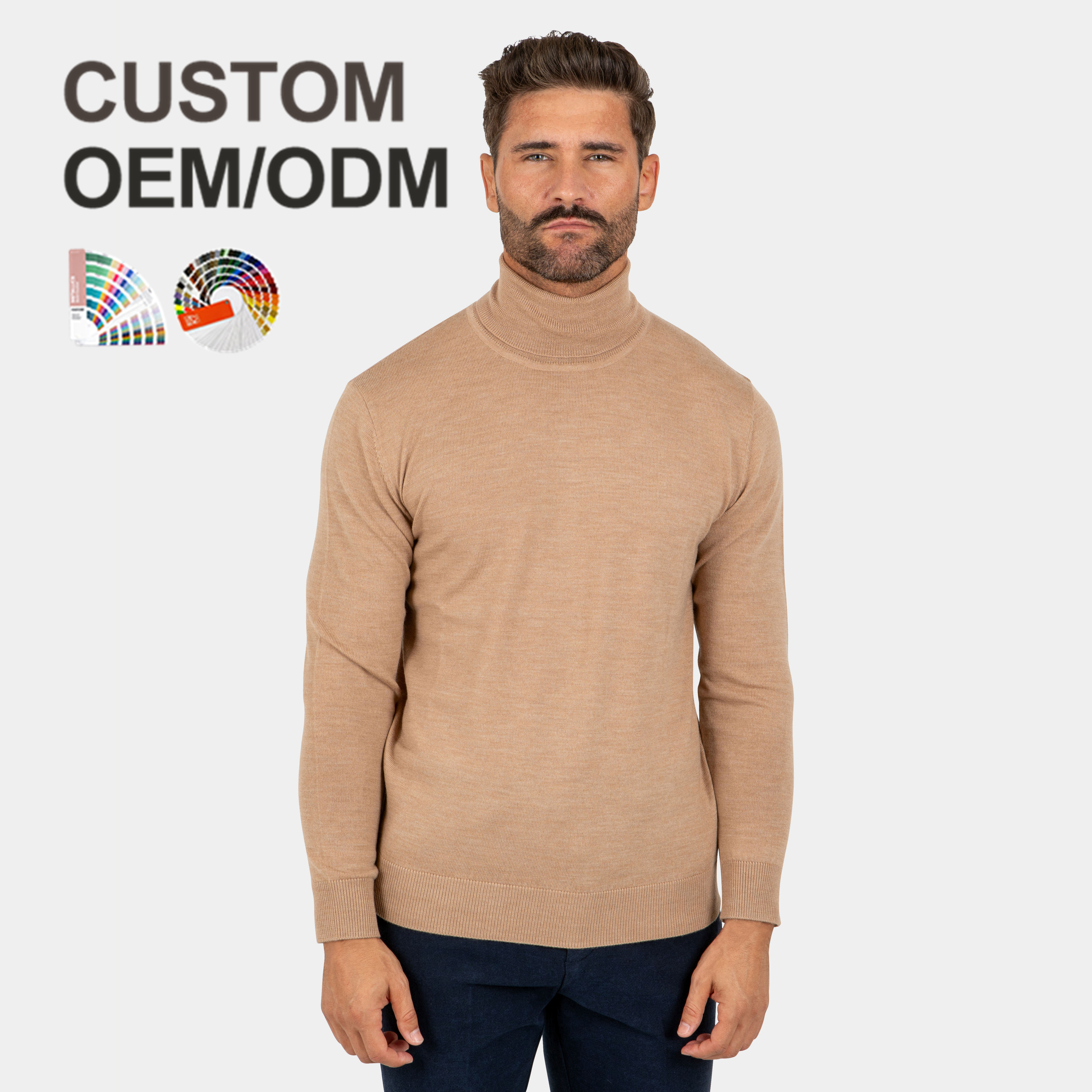 OEM/ODM Full Custom High Neck Khaki Solid 100% Merino Wool 12GG Pullover Men Sweaters For Winter