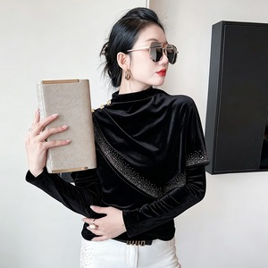 Nouveau haut à manches longues en velours doré pour <span class=keywords><strong>femme</strong></span>, style étranger, avec strass thermocollés, idéal pour l'automne et l'hiver - Product Image 2