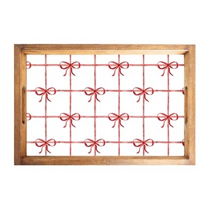 Handmade Wooden Serving Tray with <b>Red</b> Checkered <b>Bow</b> Pattern Christmas Decorative Trays Food Serve Unique Christmas Trays Decor - Product Image 1
