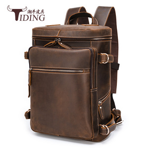 Tiding Men's Crazy Horse Leather <b>Backpack</b> 16-Inch Laptop Bag Large Capacity Travel <b>Backpack</b> Solid Color Shoulder <b>Straps</b> - Product Image 1