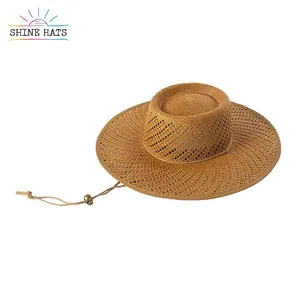 2022 Shinehats New Wide Brim Brown Ring Top Hollow Out Retro Chin Band Paper Grass Waterproof Straw Hat
