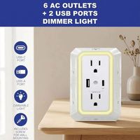 Multiprise murale 3 voies avec 6 prises espacées et 1 port USB à charge rapide, fonction veilleuse, blanc