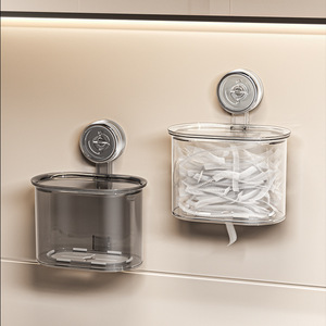 Suction Cup Plastic Wrap <b>Storage</b> <b>Box</b> Transparent Round Wall Mounted No Drill Required <b>Kitchen</b> Household Use - Product Image 1