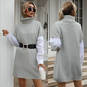 <span class=keywords><strong>Automne</strong></span> nouvelle couleur unie torsadé tricoté long gilet col haut <span class=keywords><strong>robe</strong></span> pull pour <span class=keywords><strong>Amazon</strong></span> station indépendante décontracté étranger - Product Image 2