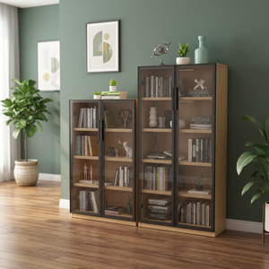 Bibliothèque moderne en bois avec portes vitrées et étagères ouvertes pour le bureau à domicile et le salon - Product Image 2