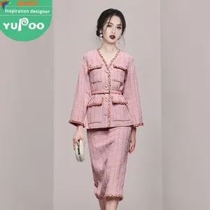 2024 spot new products casual wear fashionable temperament high-end elegant pink tweed jacket wholesale lady women dresses suit