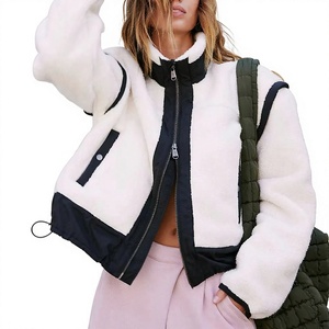 Women Sherpa Fleece Patchwork <b>Jacket</b> <b>Short</b> Stand Collar Full Zip Bomber Coat Winter Outerwear - Product Image 1