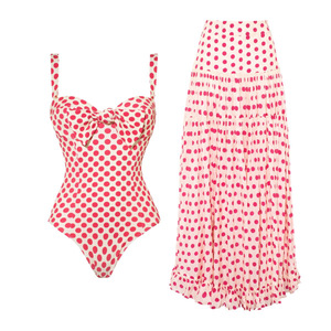 Women 2 Piece Swimwear Set Front Bow Pink Polka Dot One Piece <b>Swimsuit</b> With Tiered Ruffle <b>Long</b> Skirt Beach Bathing Suit OEM ODM - Product Image 2
