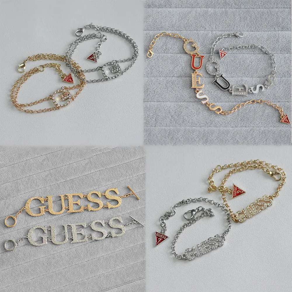 Luxury Brand 18K Gold Plated Diamond Guess Logo Chain Bracelet Lady Bracelet Jewelry Love Letter Initial Pendant Chain