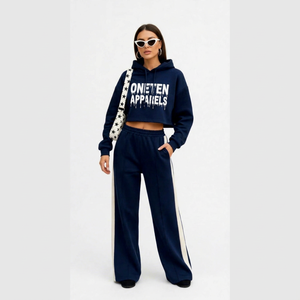 ONETEN APPARELS Women's Navy Blue <b>Cropped</b> Hoodie Wide Leg <b>Joggers</b> Set Full Sleeve Print Streetwear Tracksuit Loose Fit 2 1 100% - Product Image 1