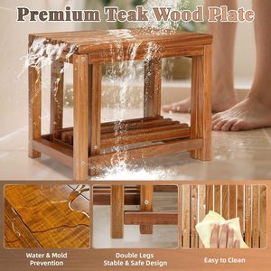 Tabouret de douche en teck avec étagère de rangement 41x28x38,4 cm, meuble de salle de bain imperméable et antidérapant - Product Image 3