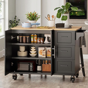 Grand chariot roulant à îlot de cuisine avec 3 tiroirs 1 armoire porte-serviettes à épices-Rangement de table de salle à manger mobile noir - Product Image 2