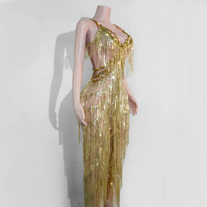 Traje de Lentejuelas Doradas Brillantes con Flecos y Borlas para Mujer, Disfraz para Baile Latino, Samba, Carnaval, Espectáculo de Vegas, Actuación en Escenario - Product Image 4