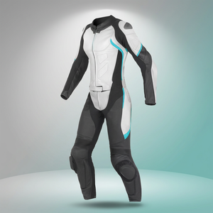 Men's White Black Leather Motorcycle Racing <b>Suit</b> <b>Full</b> <b>Body</b> Protective Gear with Blue Accents - Product Image 1