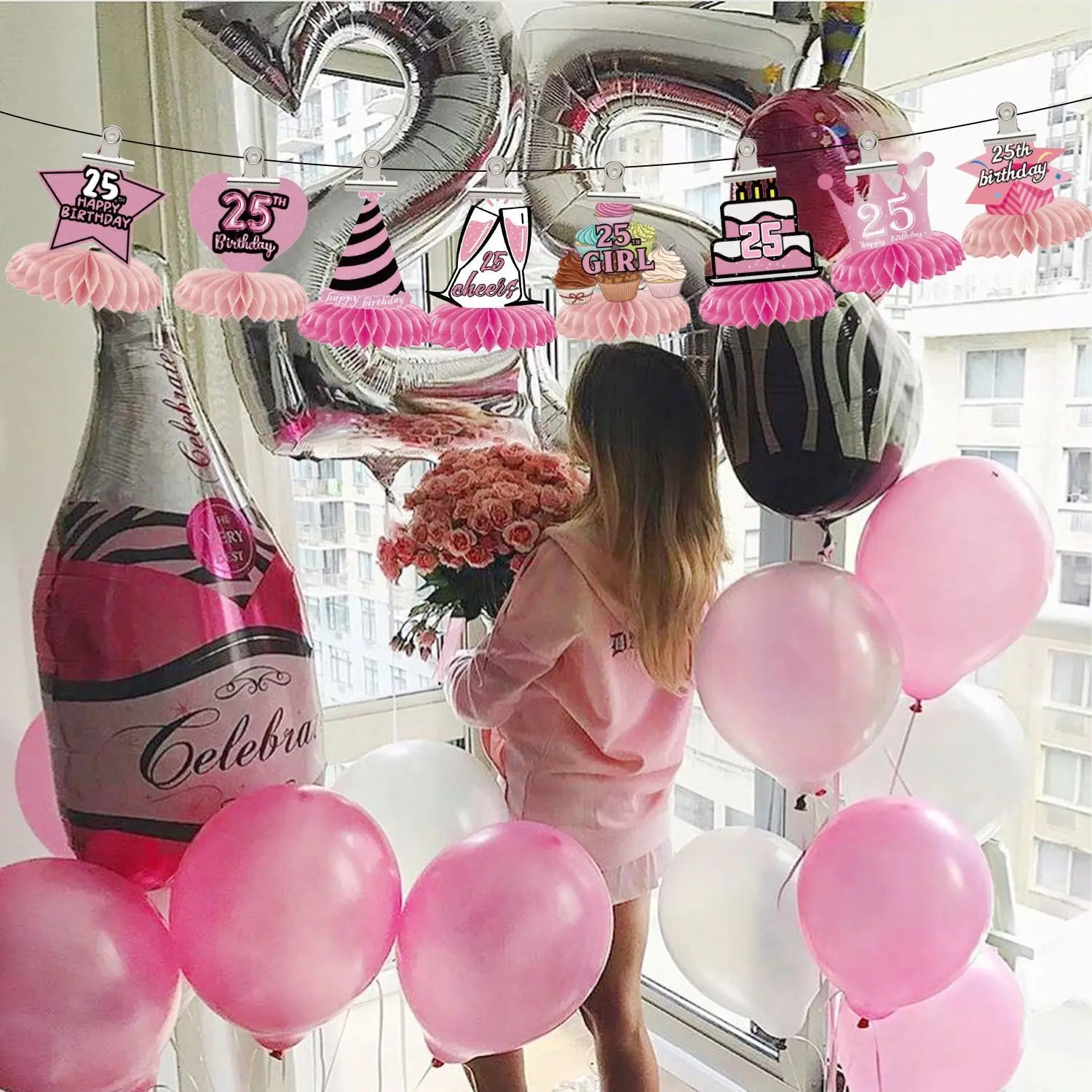 25 Jahre altes rosa Mädchen Waben kugel Ornament Tisch karte Waben verzierung Geburtstags feier Dekoration