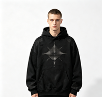 Sweat-shirt à capuche surdimensionné en coton épais 100 % personnalisé avec impression Kornit, effet vieilli et délavé, motif étoile thermocollé en strass