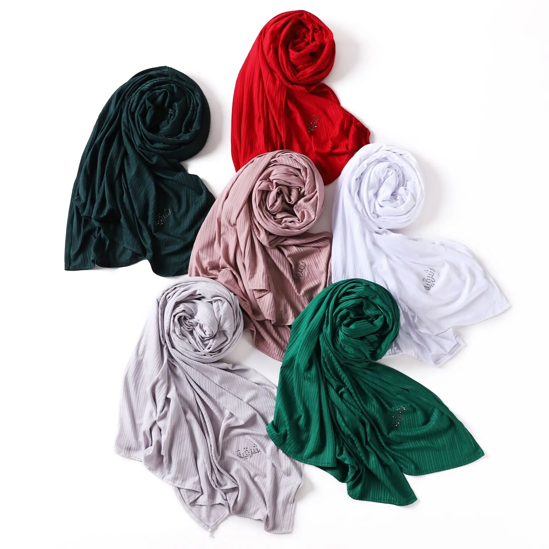 Fashionable solid color Shinny rhinestone sports wrinkle scarf Modal ribbed Tudung shawl Islamic instant headscarf Hijab