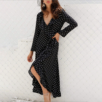 Automne sur mesure en mousseline de soie à pois taille sangle robe à volants noir longue robe femmes tenue décontractée