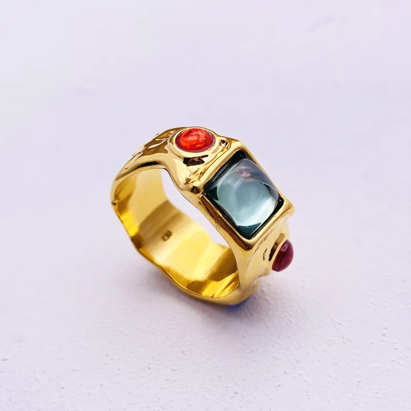 High Quality Brass 18K Gold Plated Vintage Cool Fashion Retro Fashion Diamond Set colorful resin rings Vintage Ring Women