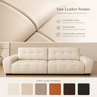 Luxuriöses Mid-Century Sofa aus Cremefarbenem Leder für 2-3 Personen, Modernes Gepolstertes Wohnzimmer-Sofa mit Knopfheftung