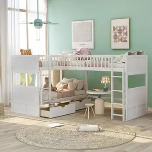 Literas triples de madera de pino maciza para niños, 3 camas para loft, en forma de l