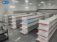 Étagère gondole verticale autoportante à 4 niveaux en fer à dossier fixe, pour supermarché, capacité légère 50-60 kg, thermolaquée