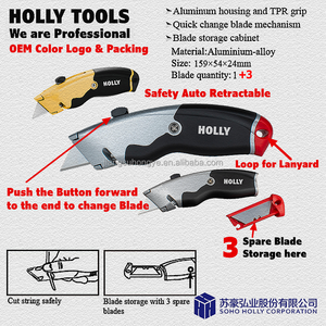 Cuchilla Retráctil Automática <span class=keywords><strong>con</strong></span> Empuñadura Antideslizante de Aleación, 3 Cuchillas de Repuesto, Cuchillo de Seguridad <span class=keywords><strong>con</strong></span> Retracción Automática - Product Image 2