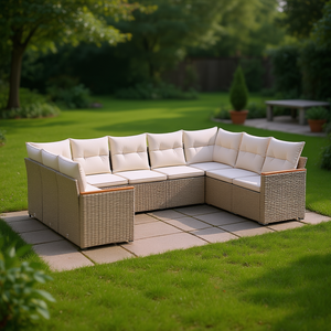 Ensemble de canapés de jardin en rotin beige, mobilier d'extérieur avec coussins imperméables, design contemporain - Product Image 2