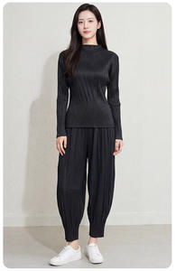 PY 2026 New Arrivals Elegant Pleated Pants Fashion Black Textured Casual Cuffed <b>Elastic</b> Waist Breathable Quick Dry 100% - Product Image 4