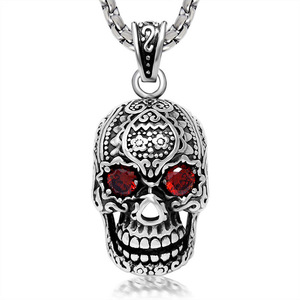<b>Titanium</b> Steel Skull Pendant Necklace With Red Eyes Bezel Setting For Men Women Fashion Jewelry SP407 - Product Image 1