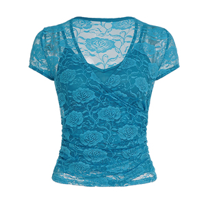 Chemisier élégant rétro pour femme avec bordure en dentelle, col en V, manches courtes, coupe ajustée, couleur unie - Product Image 6