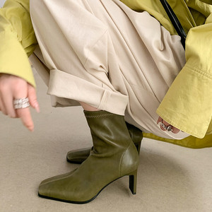 Cialisa – bottines courtes en cuir véritable pour femmes, chaussures <span class=keywords><strong>de</strong></span> luxe faites à la main, bout carré, talons hauts, vert, Camel 40 - Product Image 2
