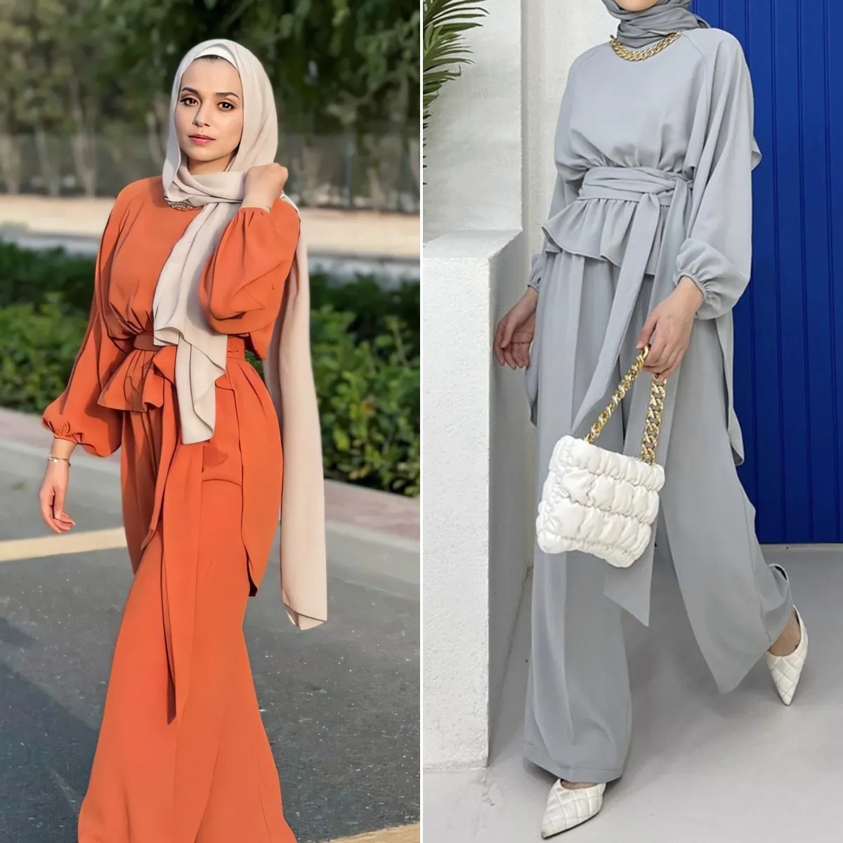 2-teiliges Set Damen Modest Top und Hosen Abaya Langarm hemden und Hosen Abaya Set für Frauen Islamische Kleidung