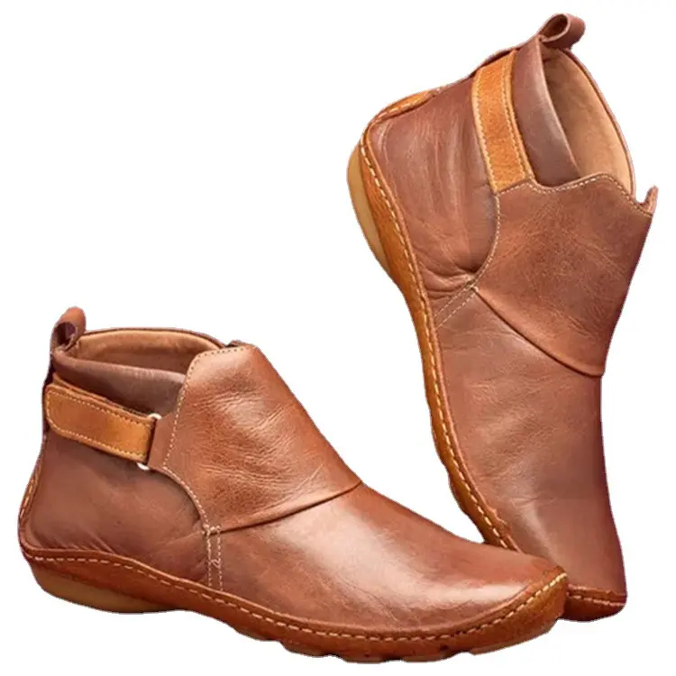 2022 Winter Cotton genuine leather Boots Cross Strap Vintage Woman Flat Ladies Retro Botas Mujer