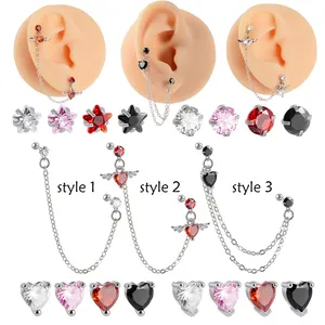 fashionable 4 stainless steel tragus earrings stud with prong set heart ear cartilage helix tragus with chain jewelry for women
