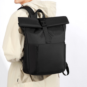 Laptop <b>Backpack</b> <b>Large</b> Capacity 20-35L Rolled Flap Unisex Black Solid Color Business Travel <b>Backpack</b> - Product Image 5