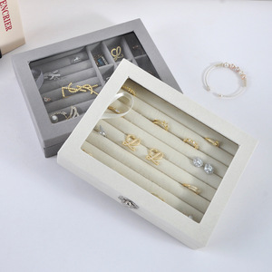 Boîte de rangement à bijoux en velours avec couvercle transparent anti-poussière, nouveau style, pour bagues, boucles d'oreilles, colliers - Product Image 3