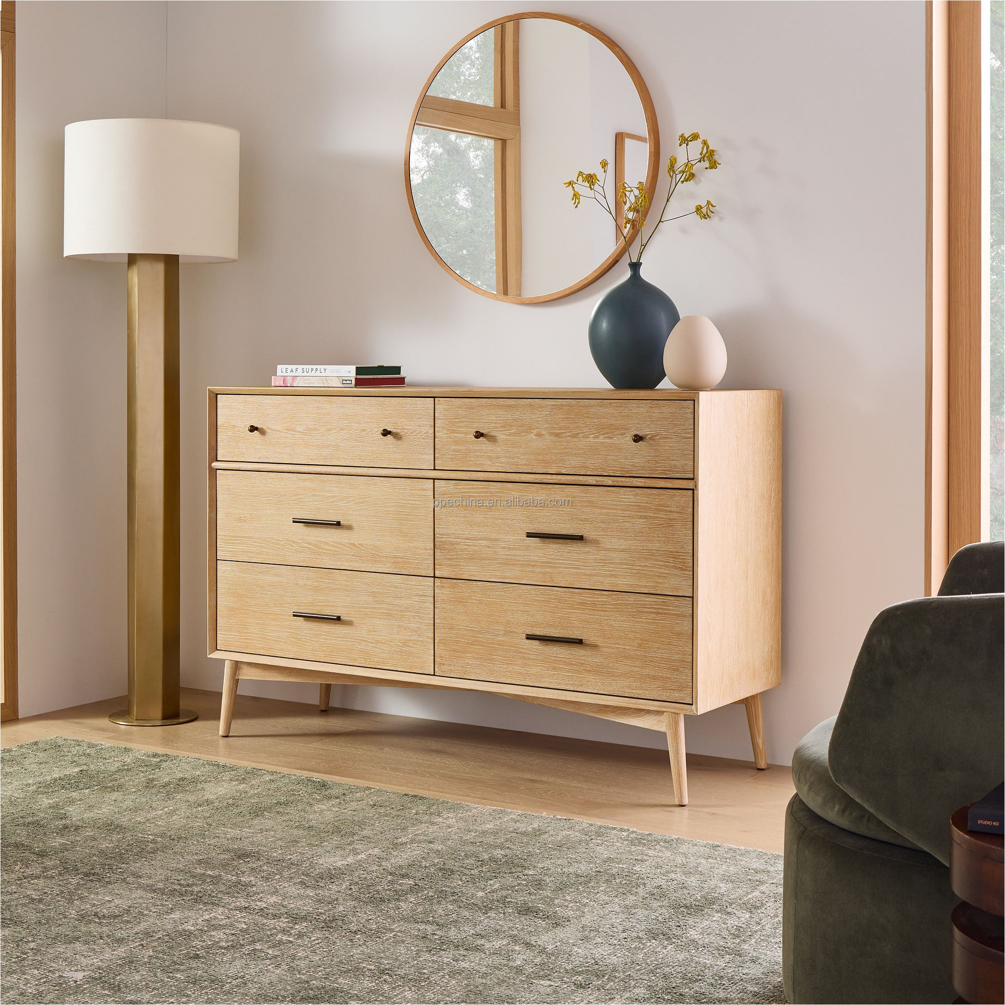 2024 Design Modern luxury oak wood dining sideboard solid wood cabinet 6-Drawer Dresser Porch ark with drawers