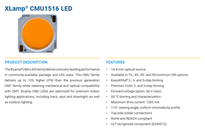 CREEs XLamps CMU1516 34V 2200K-6500K Puce LED COB haute puissance blanche 70/80/90 CRI 15W Dimmable 170 Lm/W - Product Image 2