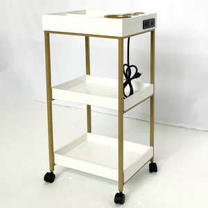 3 Katlı Metal ve Ahşap 4 Tekerlekli Servis Arabası Modern Tasarım, Tepsi ve Prizli, Ev, Otel ve Alışveriş Merkezi Kullanımı İçin - Product Image 1